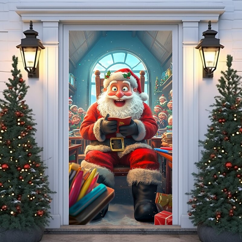 Christmas Door Cover Cartoon Style Holiday Decoration Drapes with Santa Claus Christmas Gift Boxes and Festive Christmas Meeting Print for Home Entryway Living Room Bedroom Indoor Outdoor Seasonal Dec3