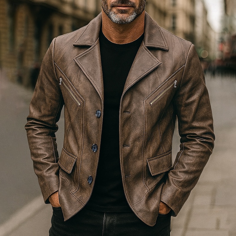 Men's Faux Leather Jacket Motorcycle Jacket Outdoor Casual Windbreaker Full Zip Fall Winter Solid Color Punk Active Short Black Brown Jacket