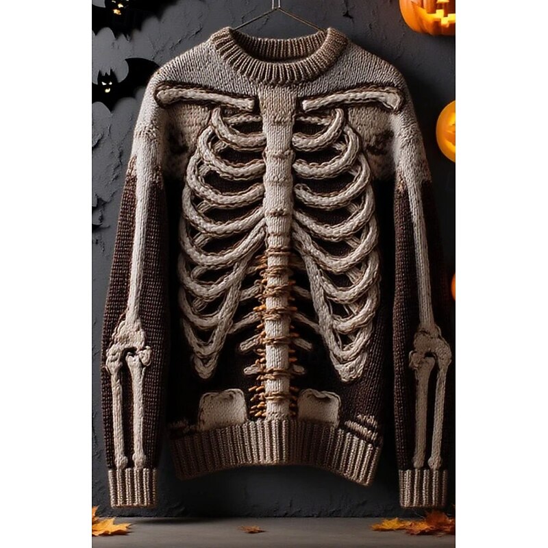 Halloween Women's Sweater Skeleton  Cute Streetwear Casual Graphic Skeleton Crew Neck Patchwork Knitted Long Sleeve Regular Tops KnitBlack Orange Fall Winter2