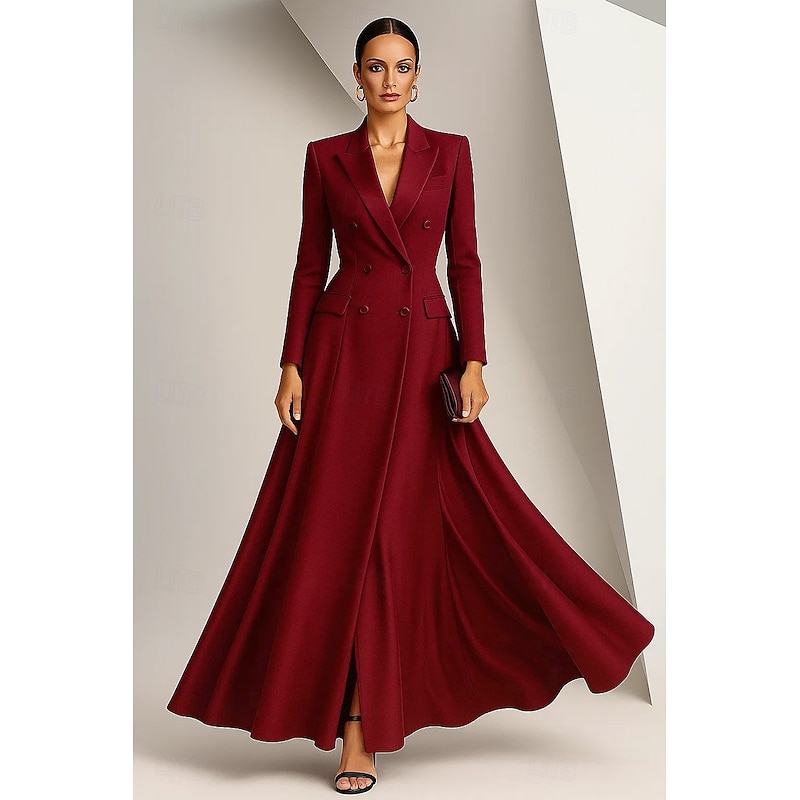 Tuxedo Dress A-Line Mermaid Formal Wedding Guest Satin Elegant Long Sleeve Ankle Length Peak Lapel Double Breasted