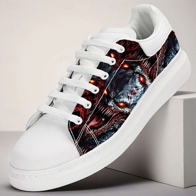 Men's White Monster Graphic Sneakers Casual Lace-Up Horror Print Shoes for Halloween Parties, Cosplay, Streetwear Style and Everyday Outings