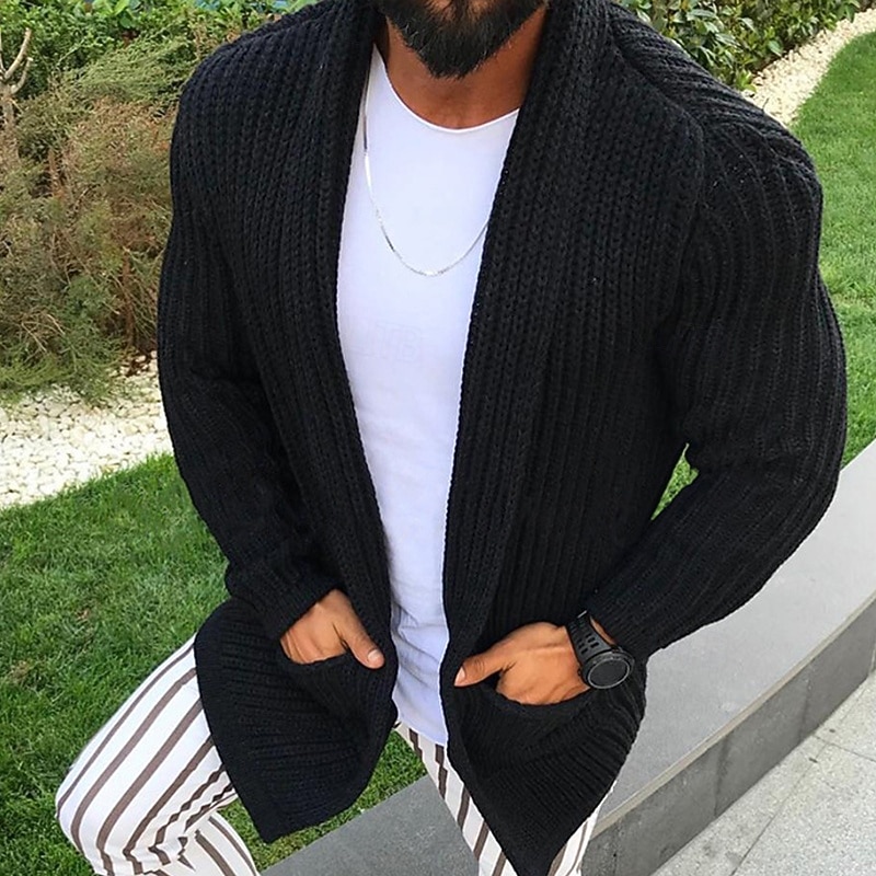 Men's Sweater Cardigan Sweater Ribbed Knit Regular Tops Knitted Solid Color Shawl Collar Vacation Fashion Casual Daily Wear Clothing Apparel Spring &  Fall Black Military Green M L XL2