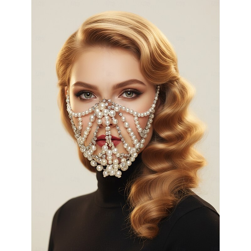 Women's Luxury Pearl Crystal Face Mask Jewelry Elegant Costume Accessory for Masquerade Balls and Halloween Parties2