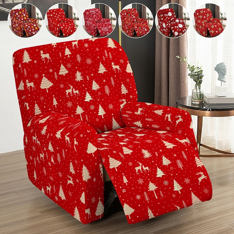 Christmas Chaise Lounge Cover, Geometric Printed Polyester Slipcover, Holiday Decorative Chair Protector for Home, Living Room, or Office