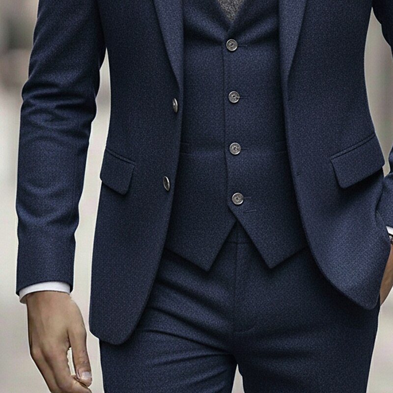Men's Business Casual Tweed Suits Notch Lapel Black Light Grey Daily Formal Solid Colored Tailored Fit 3 Piece Single Breasted Two-buttons3