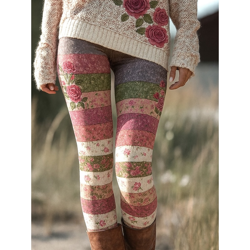 Women's Leggings Vacation Vintage Fashion Full Length High Waist Floral Graphic Printing Thermal Warm Soft Breathable Stretchy Vacation Street Light Pink Violet Pink Dark Pink Spring Fall Winter Slim