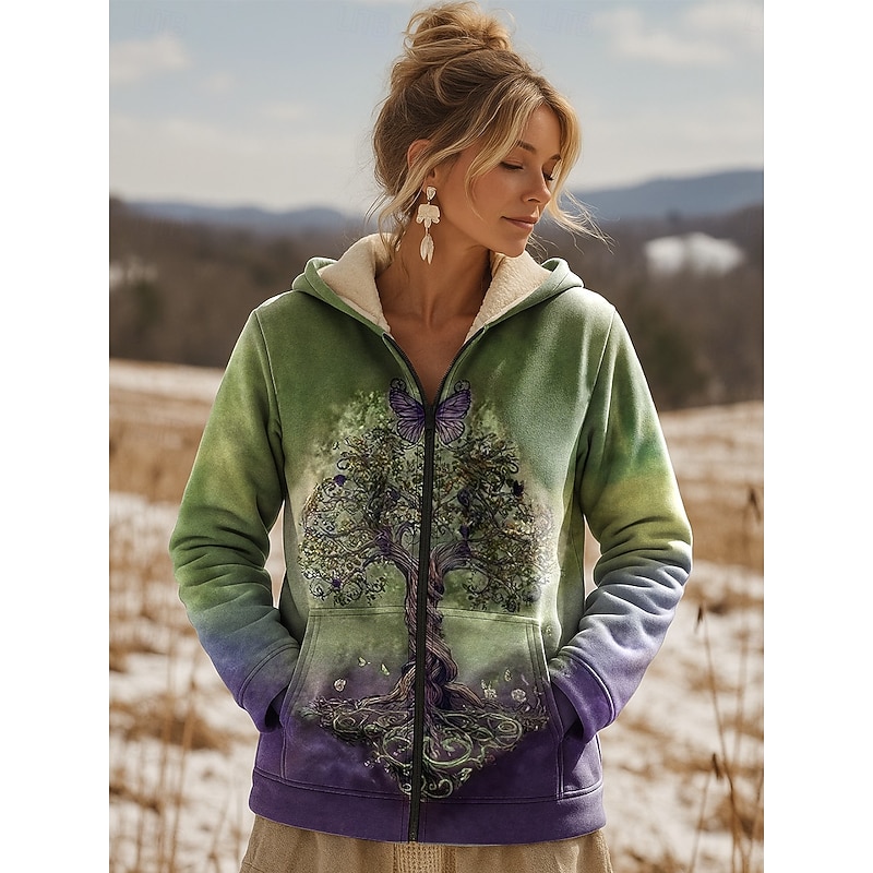 Women's Winter Jacket Fleece Jacket Warm Lightweight Print Fleece Lined Vintage Daily Boho Vintage Floral Vacation Casual Short Hooded Regular Fit Long Sleeve Outerwear Green Fall Winter