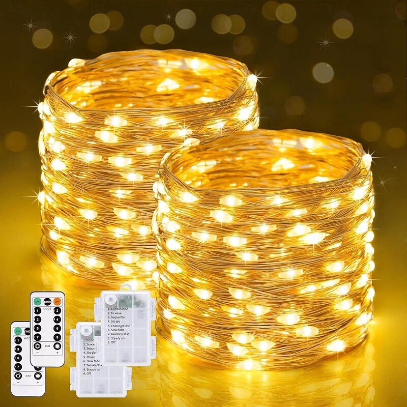 2 Pcs 20M/66FT 200 LED Beads Christmas Halloween Wedding Party Festival Fairy String Lights Indoor and Outdoor Festival Decoration Light String AAA Waterproof Battery Box Remote Control3