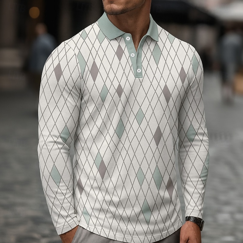 Men's Geometic Polo Long Sleeve Polo Shirts Lapel Casual Outdoor Athleisure Daily Wear 3D Print Buttons Spring Fall Winter White Green