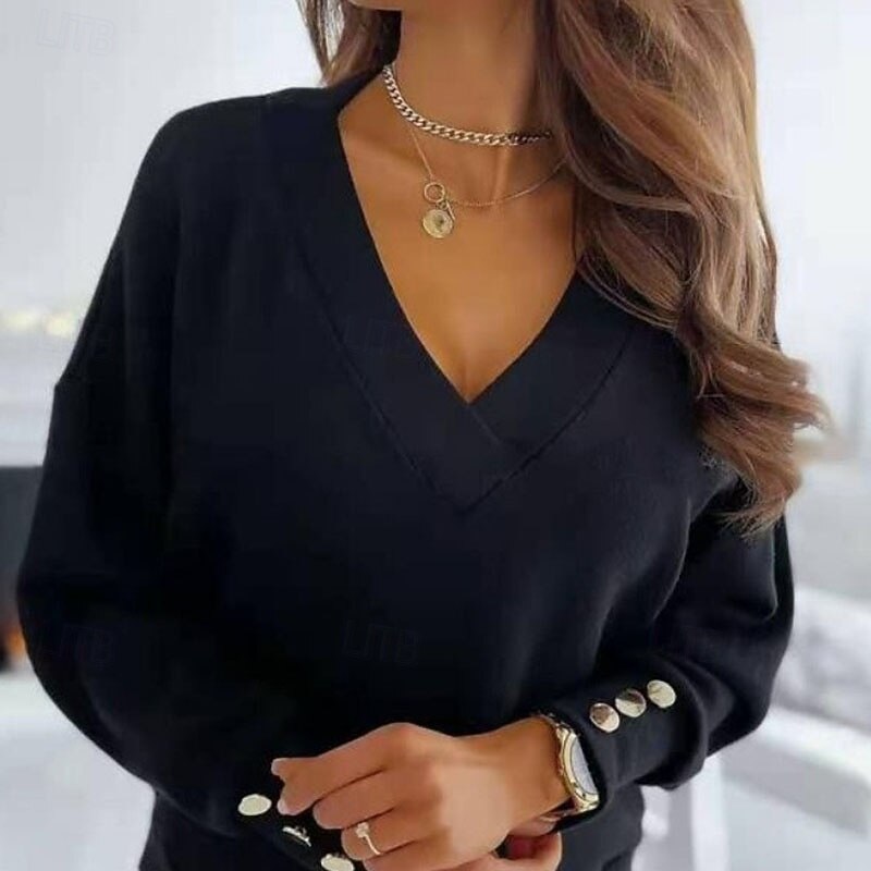 Women's Sweater Pullover Streetwear Stylish Casual Solid Color V Neck Buttons Knitted Long Sleeve Regular Tops Knit Daily Holiday Going out Black White Spring Fall4
