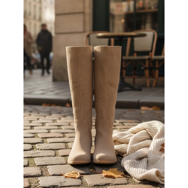 Women's Perforated Suede Knee-High Boots with Zipper - Stylish and Breathable Footwear for Casual Outings and Spring Fashion3