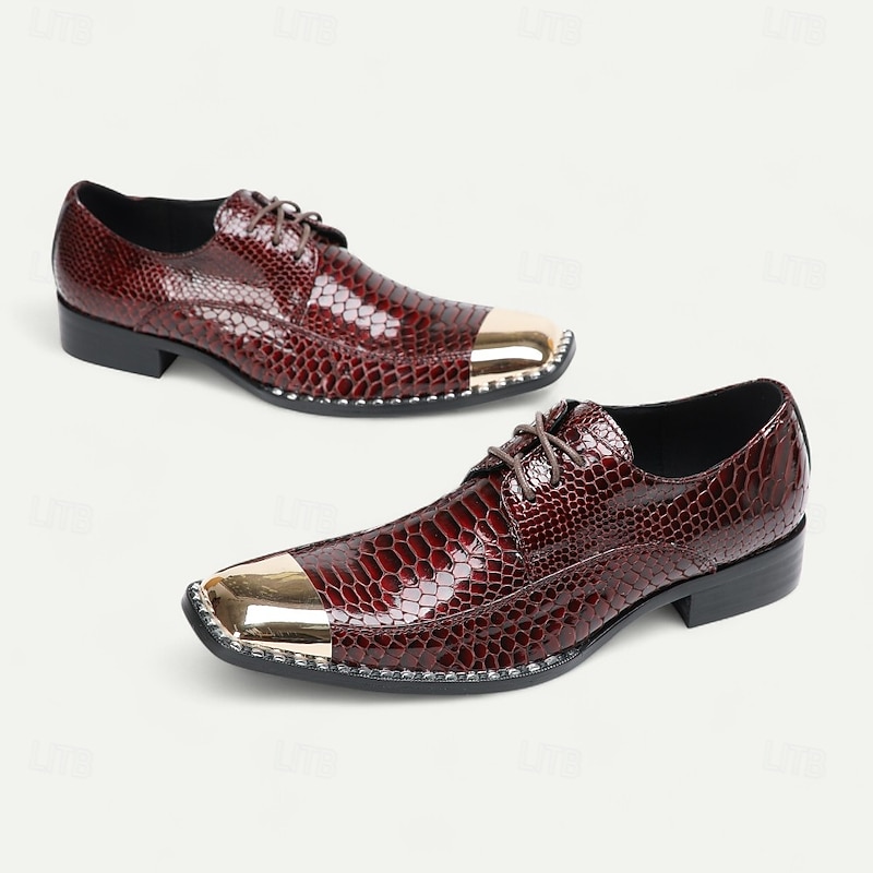 Men's Burgundy Genuine Leather Snake Print Lace-Up Dress Shoes with Metal Toe – Fashion Banquet and Cocktail Party Shoes4