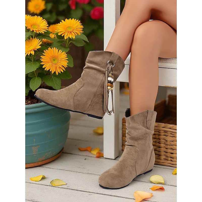 Women's Khaki Ankle Boots, Casual Faux Suede Boots with Beaded Fringe for Autumn and Daily Outfits3