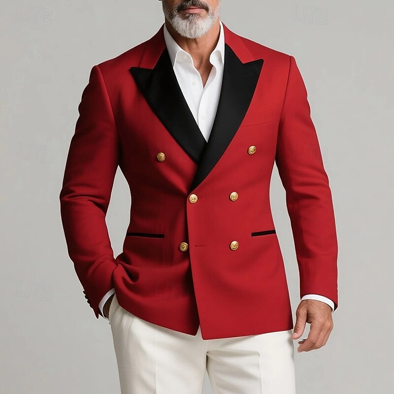 Men's Blazer Jacket Closure collar Christmas Fashion Party Solid Colored Blazer Red Tailored Fit Double Breasted Six-buttons - Main Image