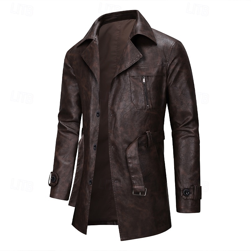 Men's Faux Leather Trench Coat Peacoat Trench Coat Vacation Daily Spring Fall PU Windproof Outerwear Clothing Apparel Fashion Classic Plain Pocket Lapel Single Breasted4