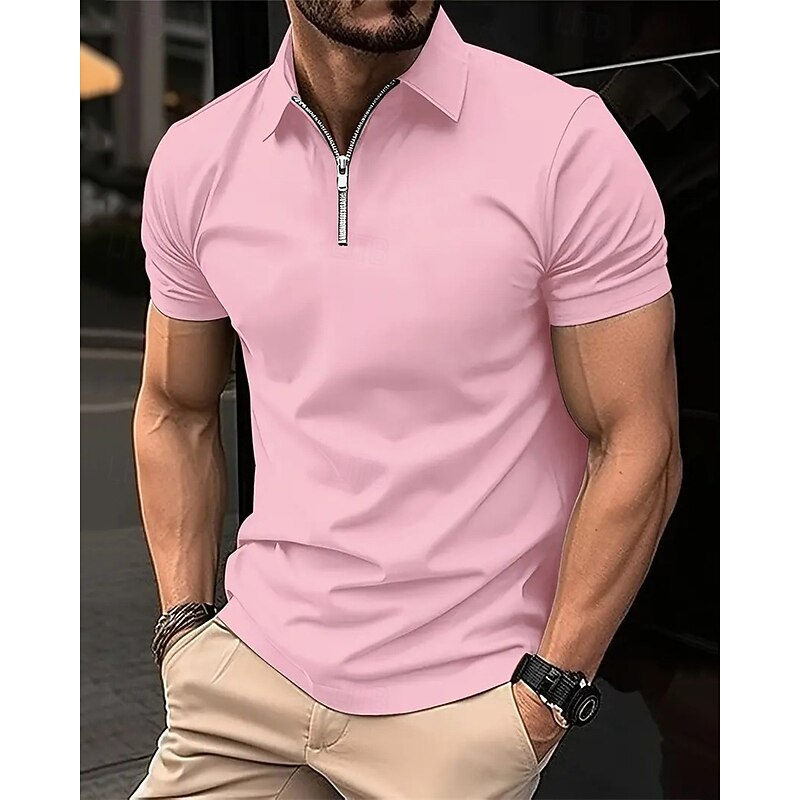Men's Quarter Zip Polo Golf Shirt Daily Holiday Quarter Zip Short Sleeve Fashion Basic Plain Spring & Summer Regular Fit Black Pink Navy Blue Light Grey Quarter Zip Polo