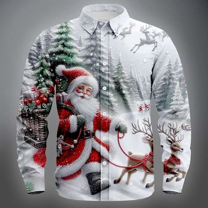 Christmas Men's Santa Claus Reindeer Christmas Costume Shirt Button Up Shirt Long Sleeve Funny Outdoor Holiday Spring Fall Turndown 3D Print Linen Like Shirt White 1 Blue 2# Blue 1# White White 23