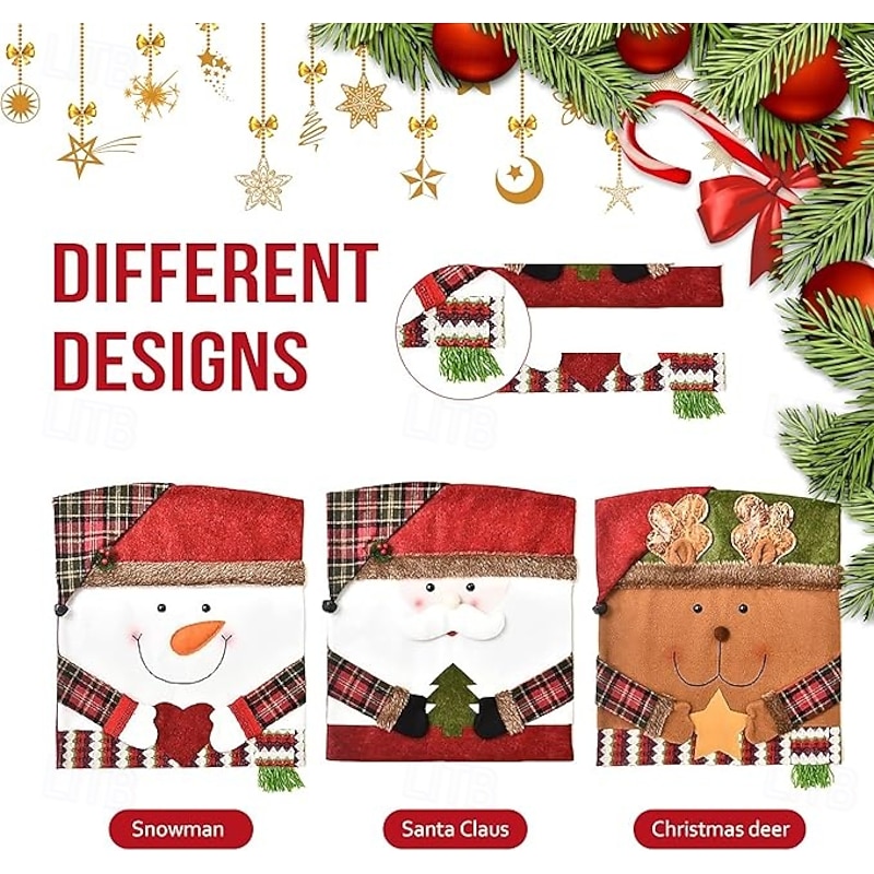 3PCS Christmas Chair Covers Xmas Festive Santa Snowman Elk Chair Back Slipcovers, Holiday Dining Room Decoration, Xmas Home Decor Accessories2
