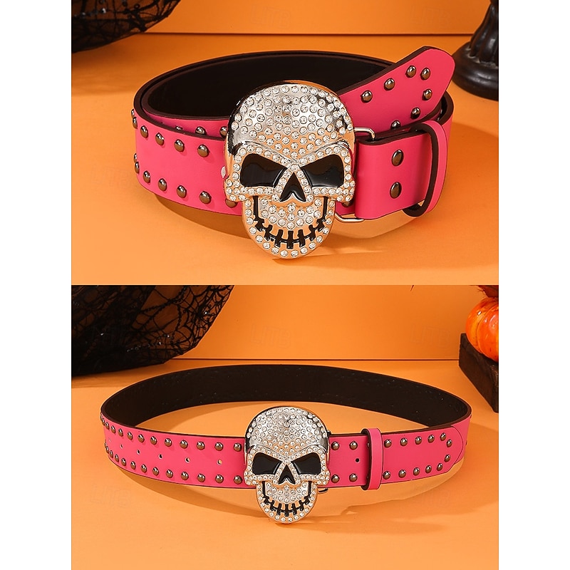 Women's Halloween Skull Belt – Gothic Punk Rhinestone Studded Waist Belt with Skull Buckle in Multiple Colors for Party, Cosplay and Nightlife Outfits4