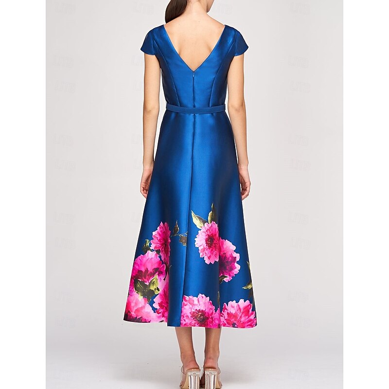 A-Line Cocktail Dresses High Split Dress Formal Wedding Guest Ankle Length Short Sleeve Jewel Neck Pocket Satin with Floral Print Pocket Derby Dresses Wedding Guest Dress2