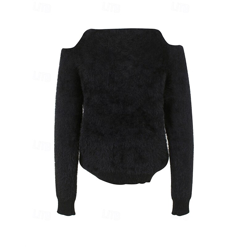 Women's Sweater Fashion Casual Soft Pure Color Ribbed Crew Neck Knitted Cold Shoulder Long Sleeve Regular Tops Knit Outdoor Daily Weekend Black Fall Winter2