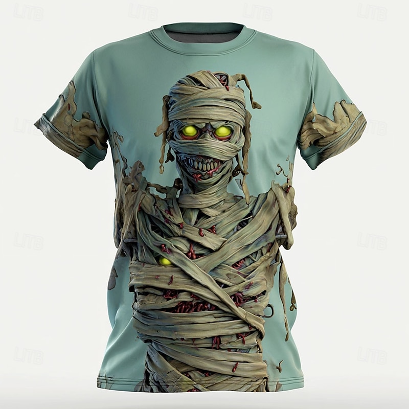 Halloween Men's Optical Illusion 3D Mummy T Shirt Short Sleeve T shirt 3D Print Crew Neck Shirt Exaggerated Designer Horror Party Street Holiday Green 1# Green 2# Blue 2# Summer Spring All Seasons3