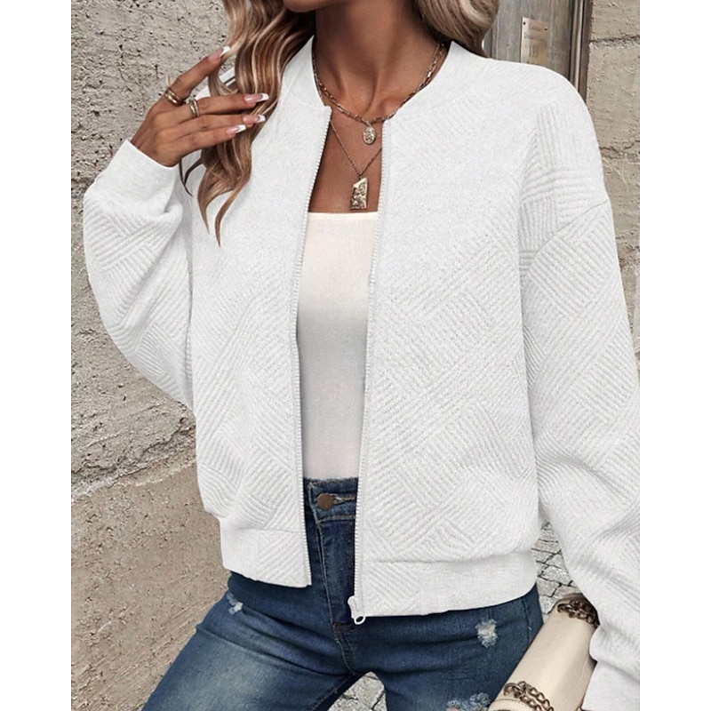 Women's Jacket Casual Jacket Comfortable Zipper Casual Solid Color Street Casual Daily Wear Going out Regular Crewneck Regular Fit Long Sleeve Outerwear Navy Black White Spring Fall3