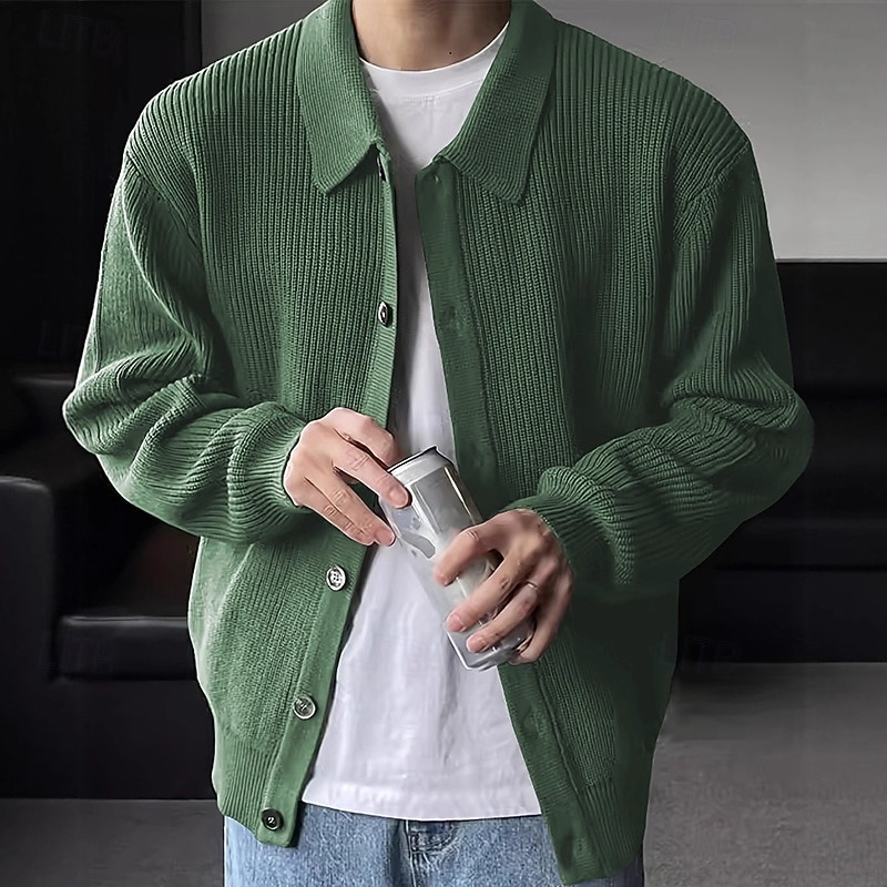 Men's Sweater Cardigan Sweater Ribbed Knit Regular Tops Knitted Plain Turndown Vacation Fashion Casual Daily Wear Clothing Apparel Spring &  Fall Black Blue S M L