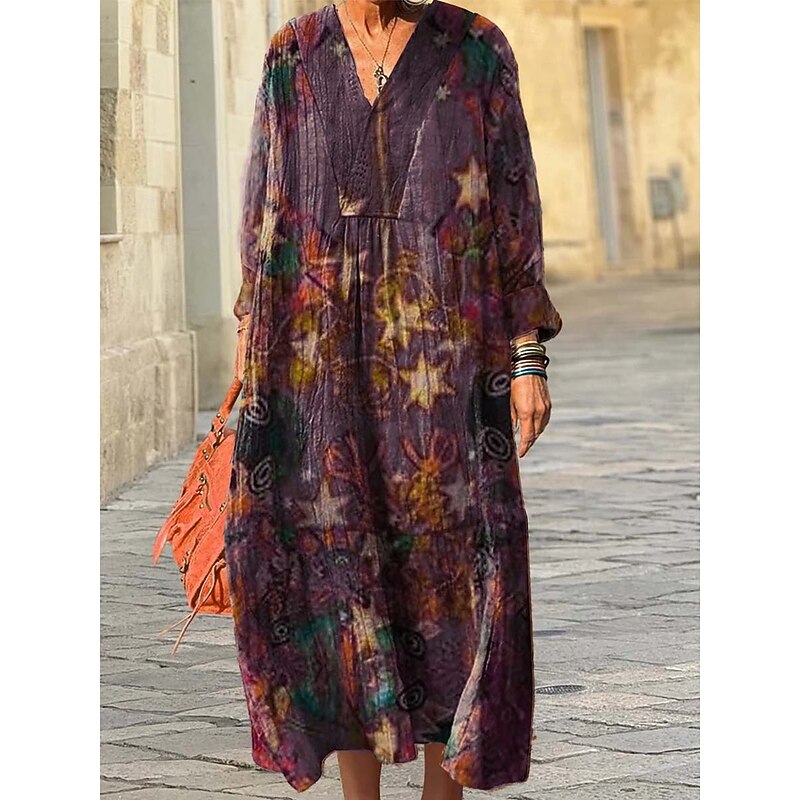 Women's Midi Dress Sundress A Line Dress Vacation Casual Boho Going out Beach Loose Fit Graphic Geometric Abstract Long Sleeve V Neck Red Blue Purple Green Spring Fall Winter Autumn3