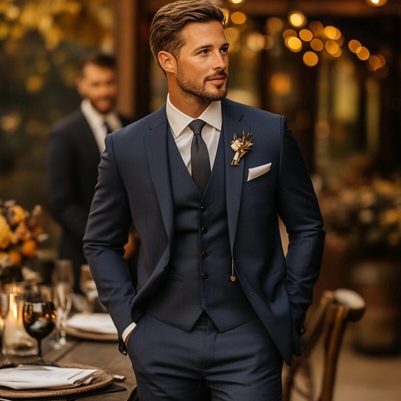 Men's Wedding Wedding Suits Notch Lapel Navy Blue Formal Solid Colored Slim Fit 3 Piece