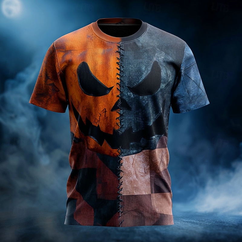 Halloween Men's Optical Illusion Pumpkin 3D T Shirt Short Sleeve T shirt 3D Print Crew Neck Shirt Exaggerated Designer Horror Party Street Holiday Yellow Blue Green Summer Spring All Seasons Clothing