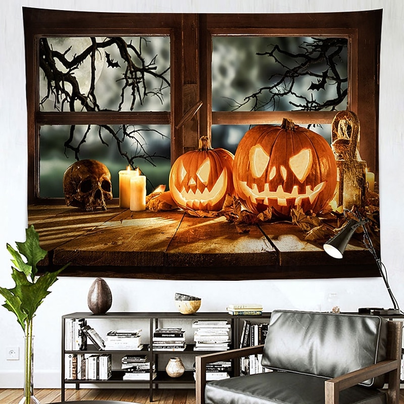 Halloween Pumpkin Skull Candle Window Tapestry Peach Velvet Wall Banner Haunted Window Bare Trees Bedroom Living Room Party Photography Background Decoration2