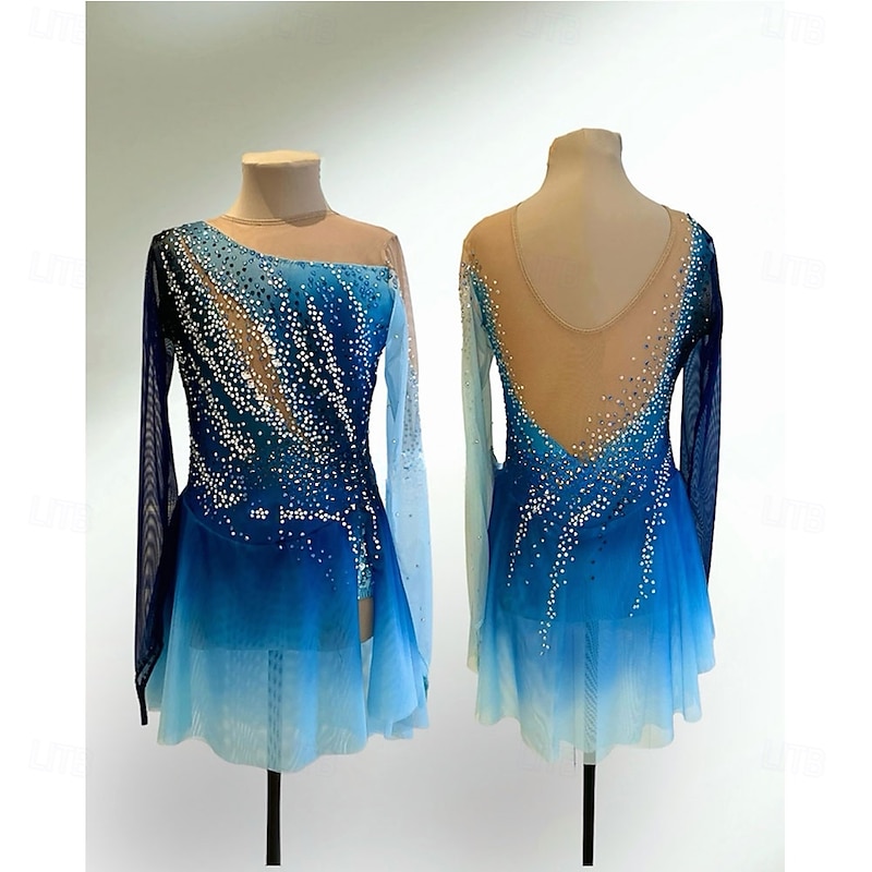 Figure Skating Dress Women's Girls' Ice Skating Dress Blue Patchwork Asymmetric Hem Mesh Spandex High Elasticity Training Competition Skating Wear Classic Crystal / Rhinestone Long Sleeve Ice Skating