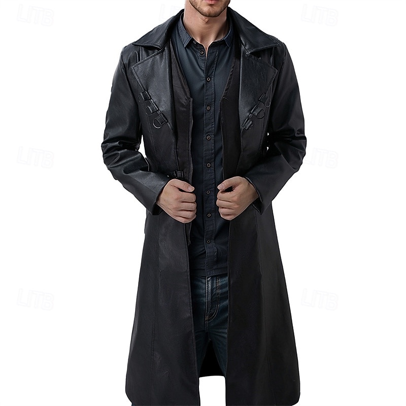 Men's Overcoat Trench Coat Long Trench Coat Vacation Daily Fall Winter Faux Leather Windproof Outerwear Clothing Apparel Fashion Classic Plain Pocket Lapel Single Breasted
