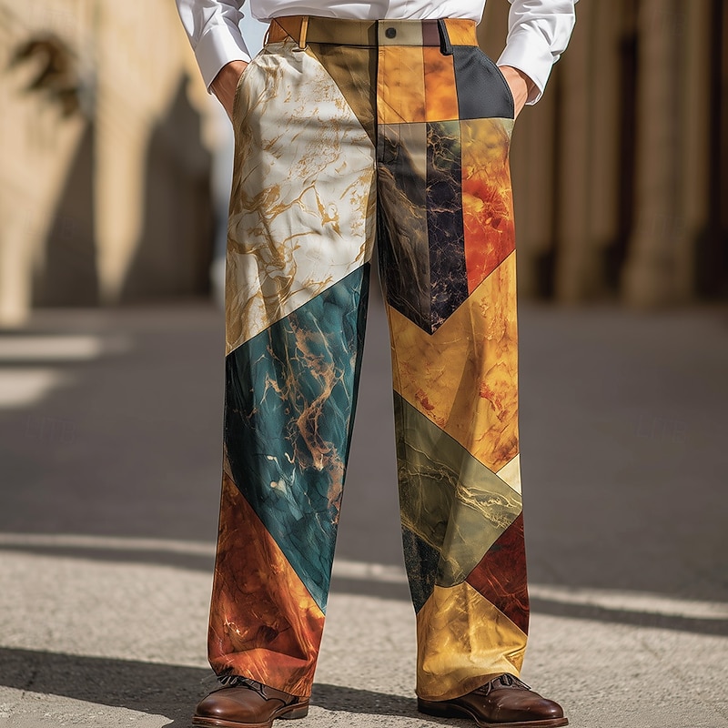 Men's Color Block Patchwork Abstract Trousers Dress Pants Suit Pants Mid Waist Fashion Casual Dailywear Holiday Streetwear Relaxed Fit Flat Front Dress Pants with Side Pockets Spring Fall 3D Print2