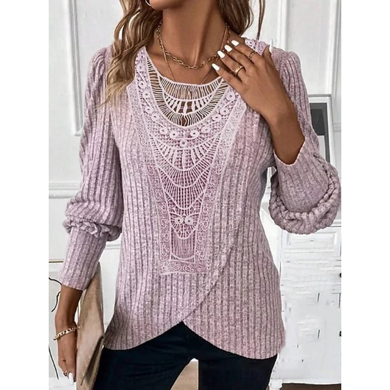 Women's Blouse Solid Color Elegant Stylish Basic Long Sleeve Crew Neck Regular Tops Daily Lace Patchwork Blue Purple Green Spring Fall Winter2