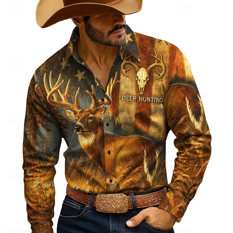 Men's Reindeer American US Flag Shirt Western Shirt Button Up Shirt Long Sleeve Vintage Retro Outdoor Camping & Hiking Hunting Spring Fall Turndown 3D Print Collared Shirts Brown