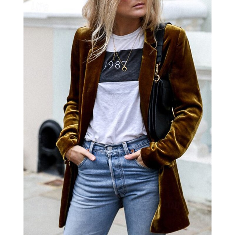 Women's Blazer Casual Jacket Comfortable Pocket Buttons Casual Plain Vacation Daily Wear Going out Weekend Regular Turndown Regular Fit Long Sleeve Outerwear Black Yellow Wine Fall Winter