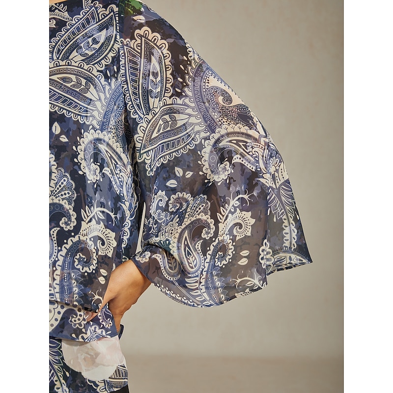 Women's Blouse Green Paisley Botanical Print Layered Chiffon Resort Casual Vacation Spring Summer Fall3