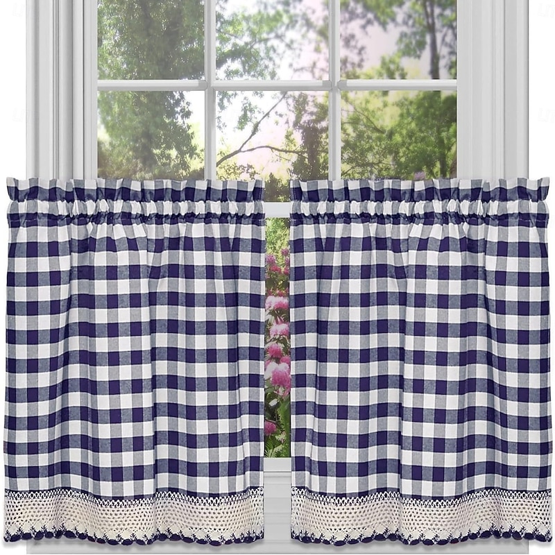 Cafe Curtains with Lace, Christmas Red Checkered Kitchen Short Curtains, Rod Pocket Window Valance Drapes for Café, Bathroom, or Living Room Decor2