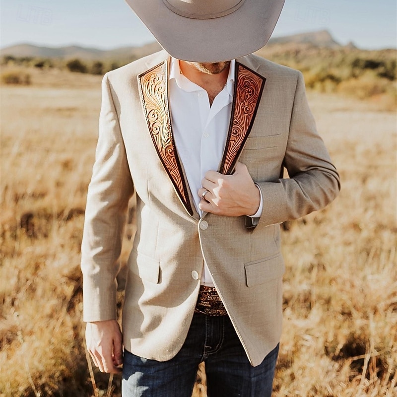 Men's Blazer Business Cocktail Party Wedding Party Fashion Casual Spring Fall Polyester Color Block Patchwork Pocket Comfortable Single Breasted Blazer Black Beige