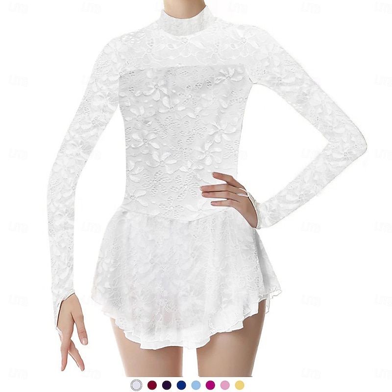 Figure Skating Dress Women's Girls' Ice Skating Dress Outfits White Yellow Dark Purple Spandex High Elasticity Professional Competition Skating Wear Fashion Long Sleeve Figure Skating