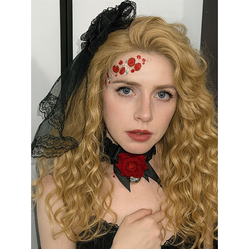 Women's Gothic Lace Eye Patch and Veil with Cross and Gem Accents - Halloween Cosplay Costume Accessory for Masquerade and Theme Parties2