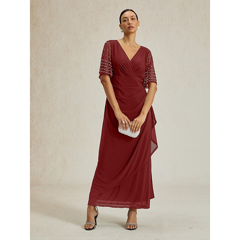 Women's Maxi Dress Sheath Dress Elegant Wedding Guest Evening Party Cocktail Party Regular Fit Solid Color Short Sleeve V Neck Red Summer Spring Fall2