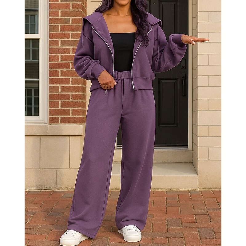 Women's Zip Up Hoodie Tight Top 2 Piece Tracksuit Baggy with Pocket Solid Colored Clothing Suit Fall Pink Purple Hiking Vocation Outdoor Long Sleeve Sport Activewear Micro-elastic Regular Fit