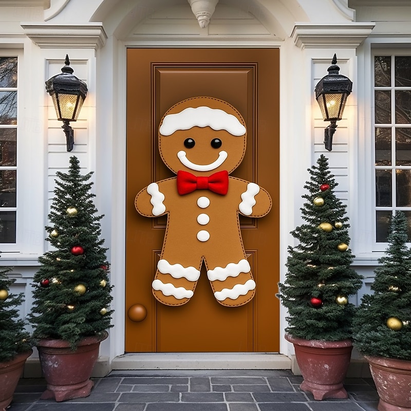 Christmas Door Cover, Gingerbread Man Holiday Door Curtain, 2025 Xmas Festive Front Door Hanging for Party, Porch Entryway Home Decoration3
