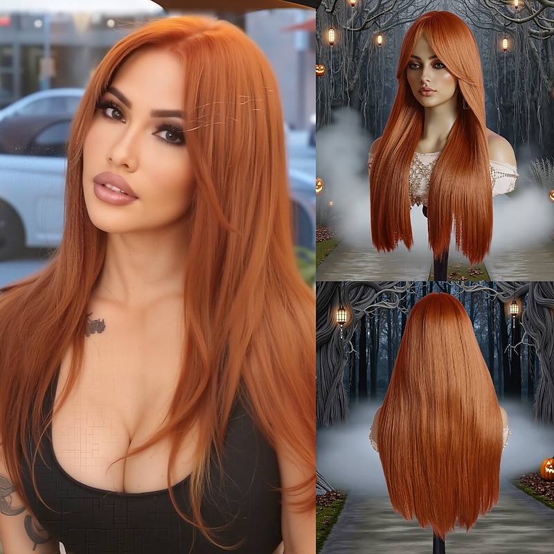 Synthetic Wig Straight Natural Straight Middle Part Neat Bang Wig 24 inch Orange / White / Blue Synthetic Hair 24 inch Women's Soft Comfy Orange