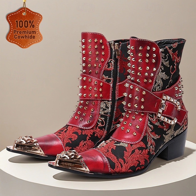 Men's Red Studded Gothic Ankle Boots – Punk Rock Style Leather Buckle Boots with Side Zipper for Concerts, Festivals and Party Fashion
