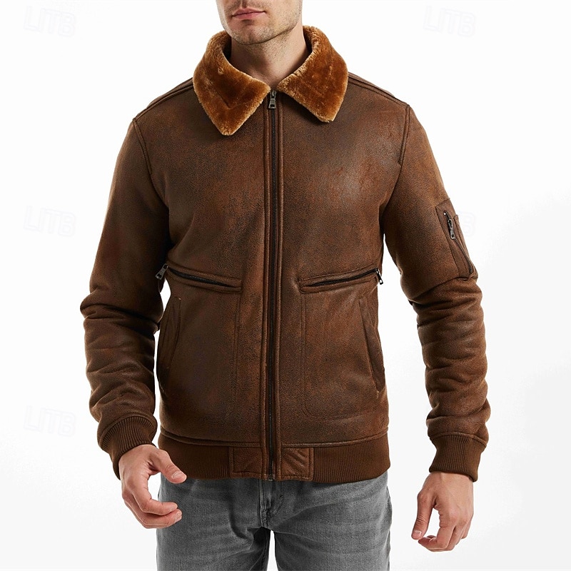 Men's Faux Leather Jacket Fleece Jacket Biker Jacket Motorcycle Jacket Vacation Daily Windproof Warm Pocket Winter Plain Fashion Classic Lapel Regular Black Coffee Jacket4