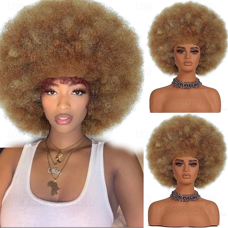 Afro Wig 70s Curly Wigs for Black Women Glueless Afro Wigs Large Bouncy and Soft Natural Looking Full Wigs Big Afro Puff Wig With Bangs Synthetic Hair Afro Wig for Daily